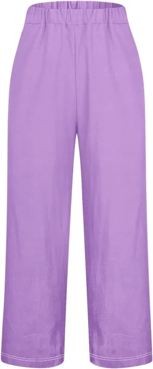 Women's Solid Cotton Linen Straight Pants Classic Loose Summer Pant Relax Fit High Elastic Waist Trousers with Pokets