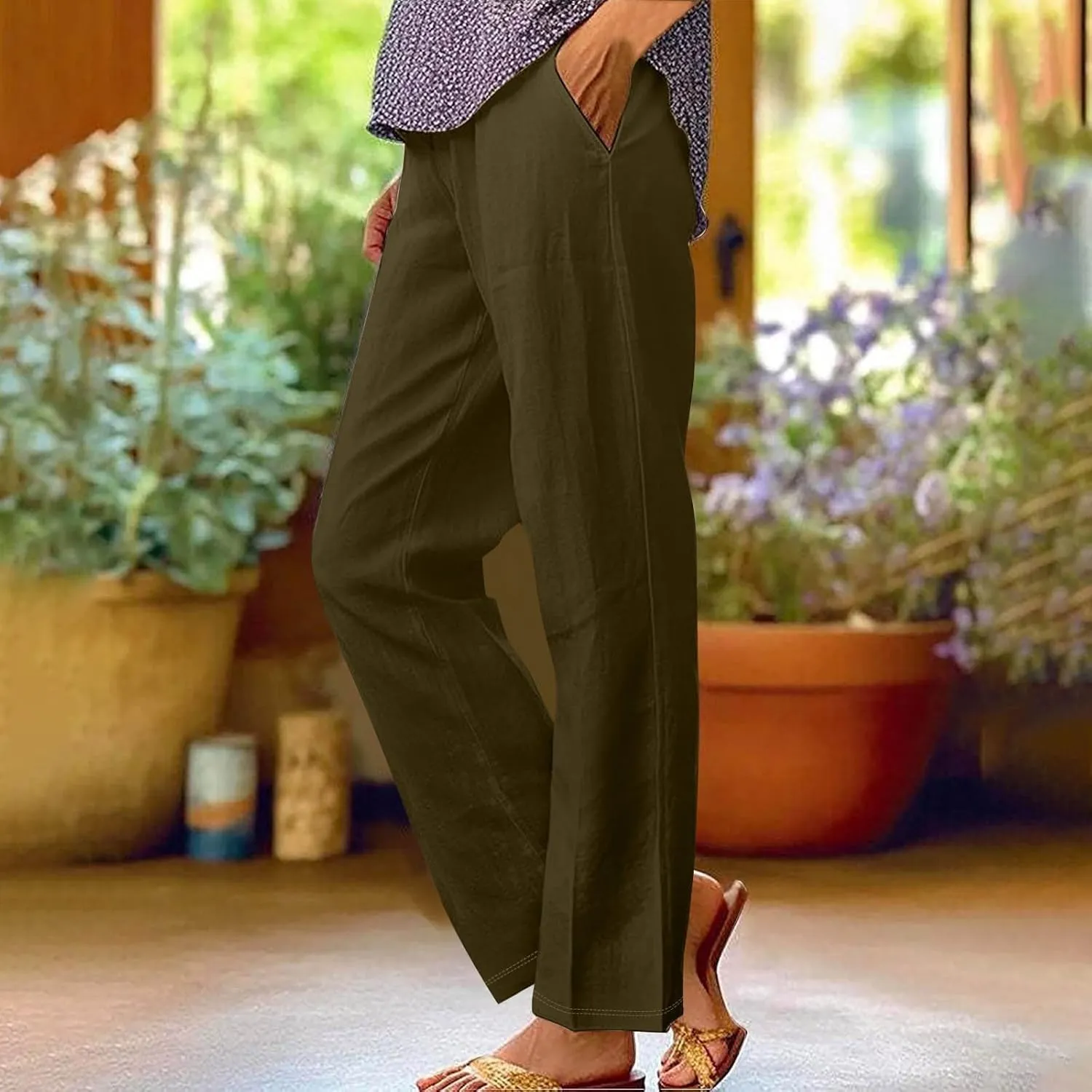 Women's Solid Cotton Linen Straight Pants Classic Loose Summer Pant Relax Fit High Elastic Waist Trousers with Pokets