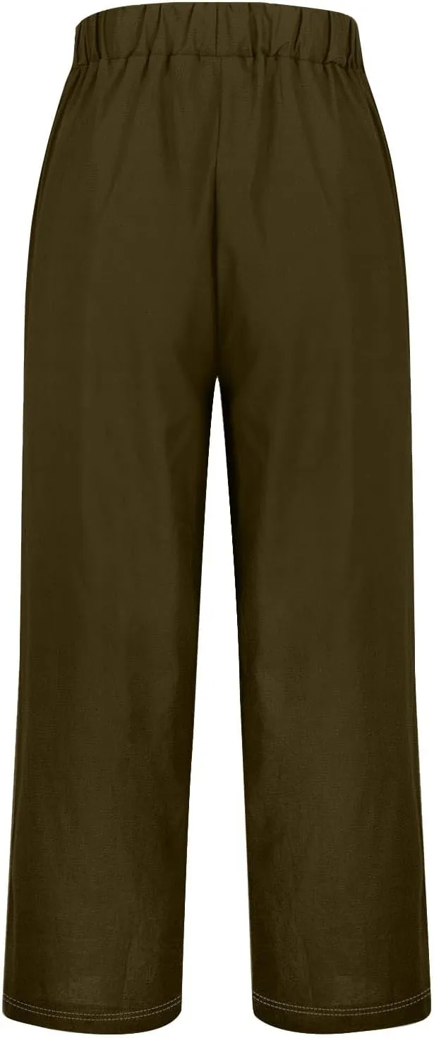 Women's Solid Cotton Linen Straight Pants Classic Loose Summer Pant Relax Fit High Elastic Waist Trousers with Pokets