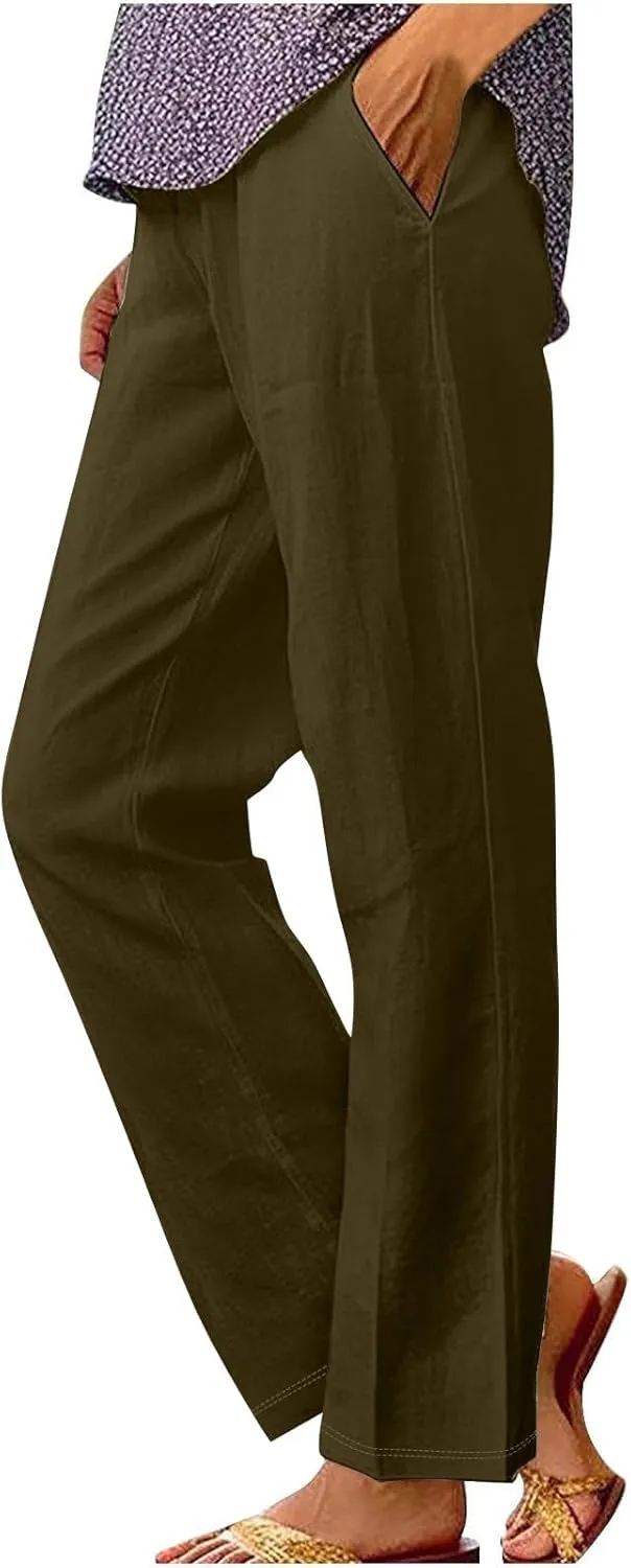 Women's Solid Cotton Linen Straight Pants Classic Loose Summer Pant Relax Fit High Elastic Waist Trousers with Pokets