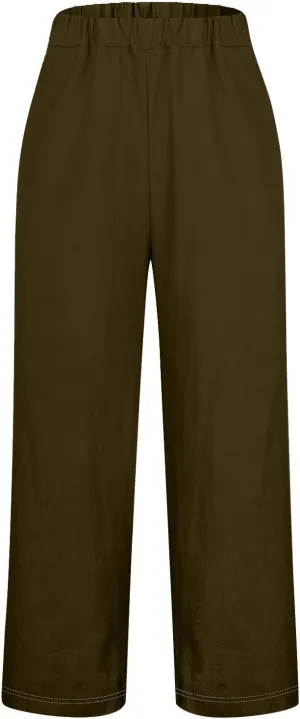 Women's Solid Cotton Linen Straight Pants Classic Loose Summer Pant Relax Fit High Elastic Waist Trousers with Pokets