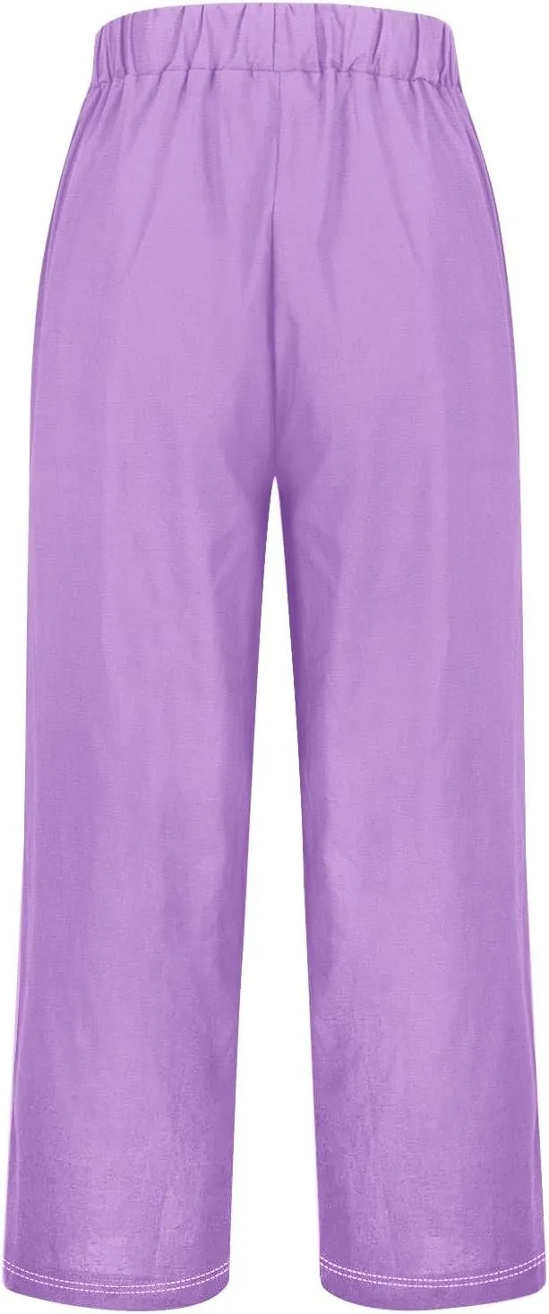 Women's Solid Cotton Linen Straight Pants Classic Loose Summer Pant Relax Fit High Elastic Waist Trousers with Pokets