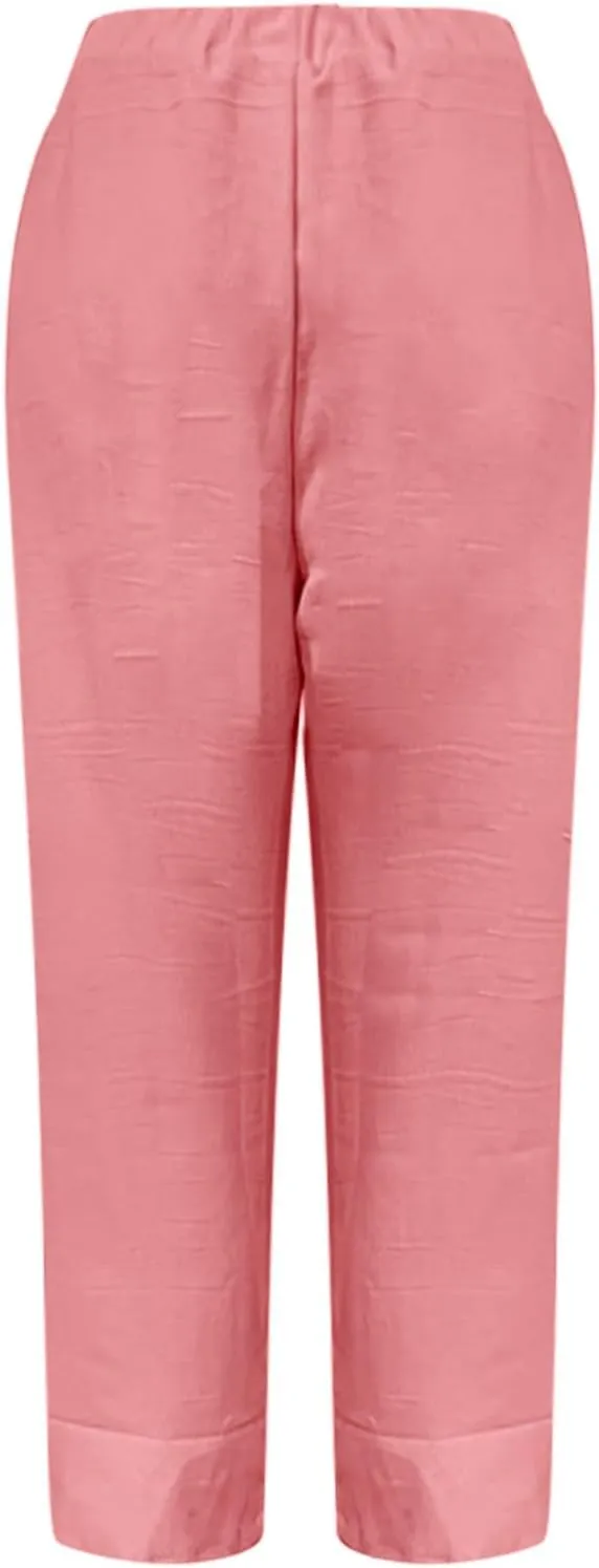 Women's Solid Cotton Linen Straight Pants Wide Leg Trouser with Buttons Classic Breathable Elastic Summer Casual Trousers