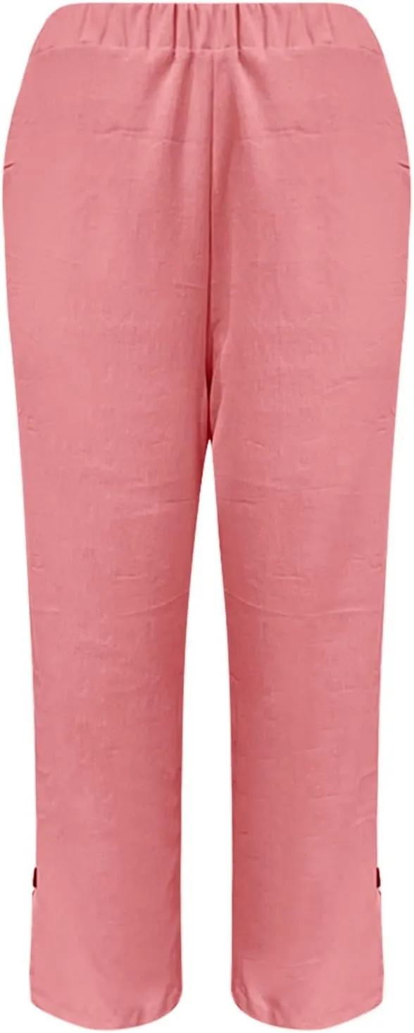 Women's Solid Cotton Linen Straight Pants Wide Leg Trouser with Buttons Classic Breathable Elastic Summer Casual Trousers