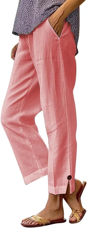 Women's Solid Cotton Linen Straight Pants Wide Leg Trouser with Buttons Classic Breathable Elastic Summer Casual Trousers