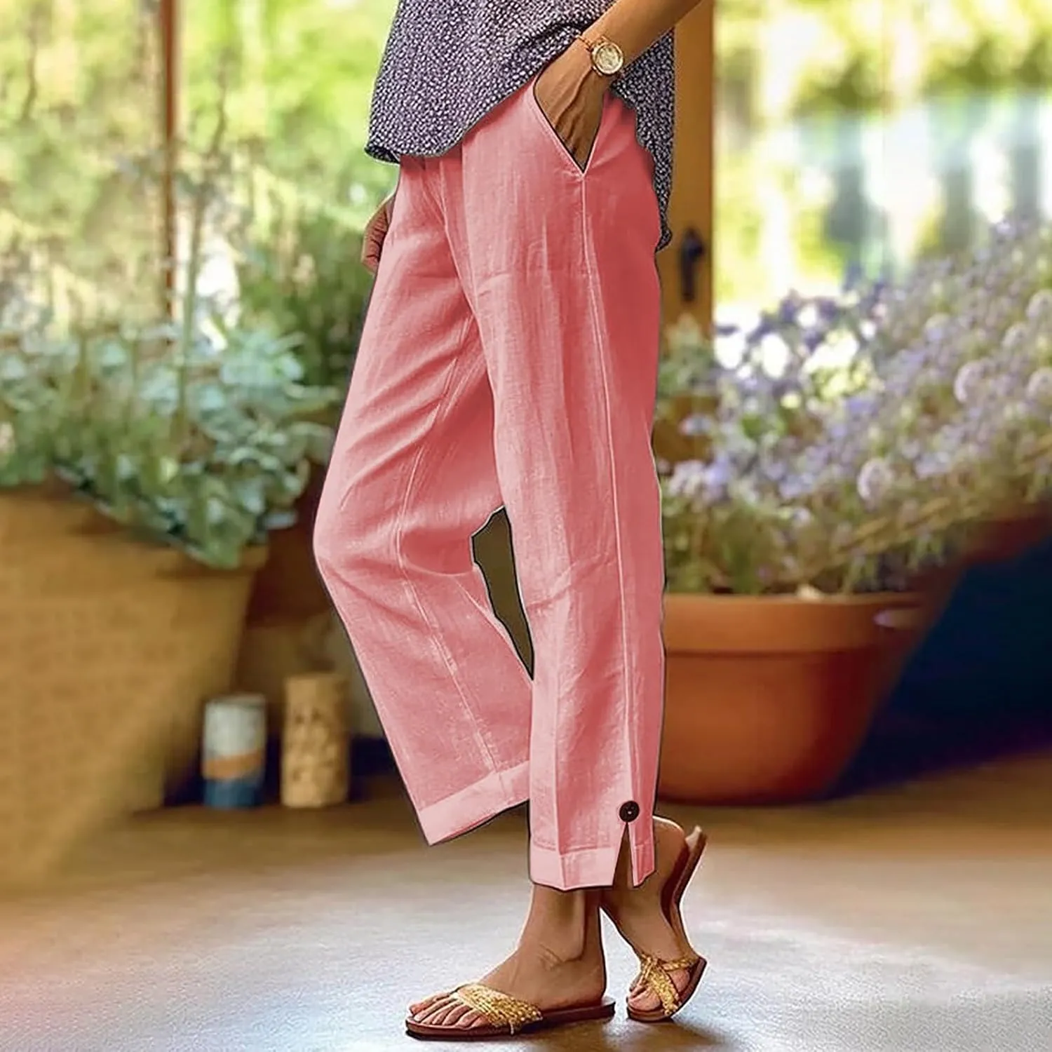 Women's Solid Cotton Linen Straight Pants Wide Leg Trouser with Buttons Classic Breathable Elastic Summer Casual Trousers