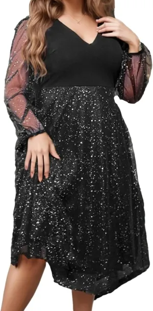 Women's Sparkly Midi Tulle Dress, Sexy Sheer Long Sleeve A-line High Waist Plus Size Flowy Dressy/Wedding Guest/Party Dresses