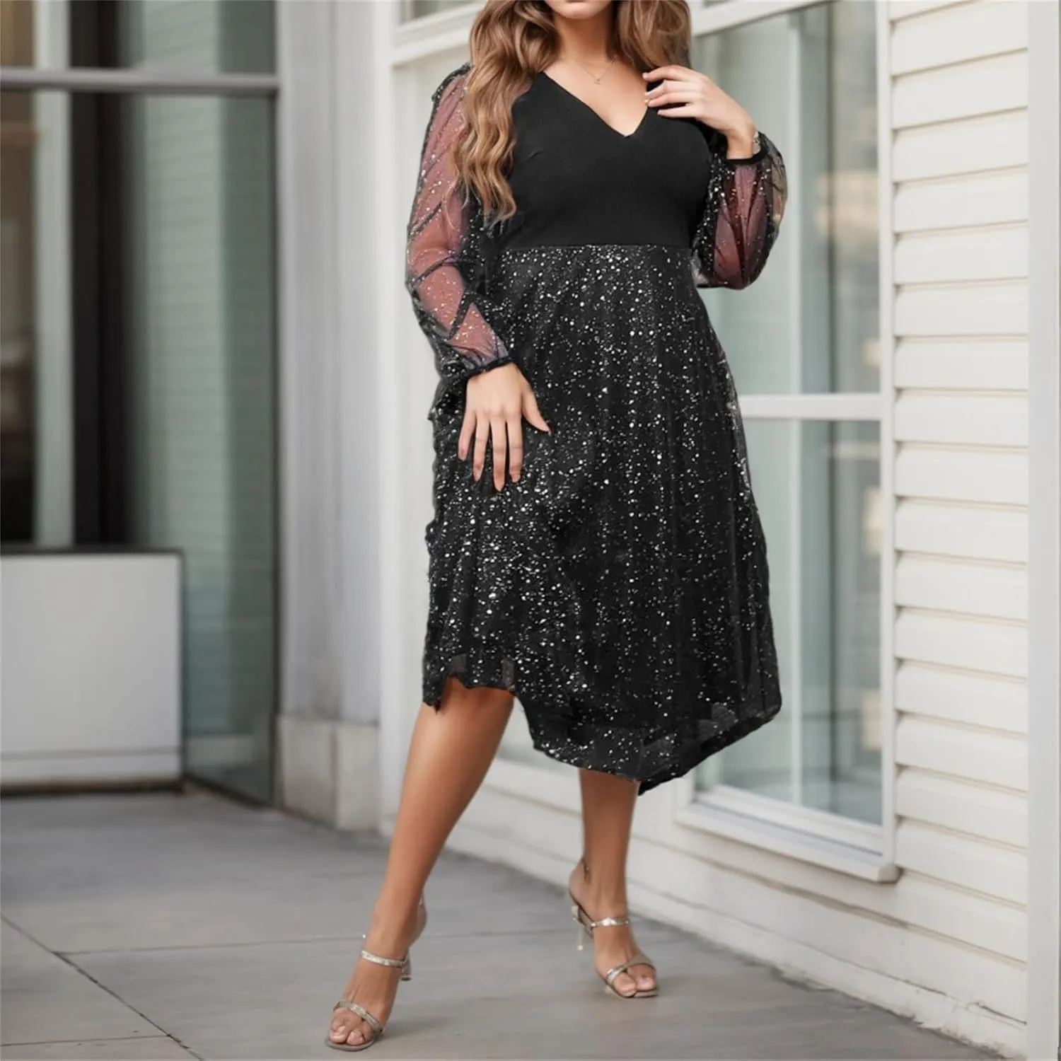Women's Sparkly Midi Tulle Dress, Sexy Sheer Long Sleeve A-line High Waist Plus Size Flowy Dressy/Wedding Guest/Party Dresses