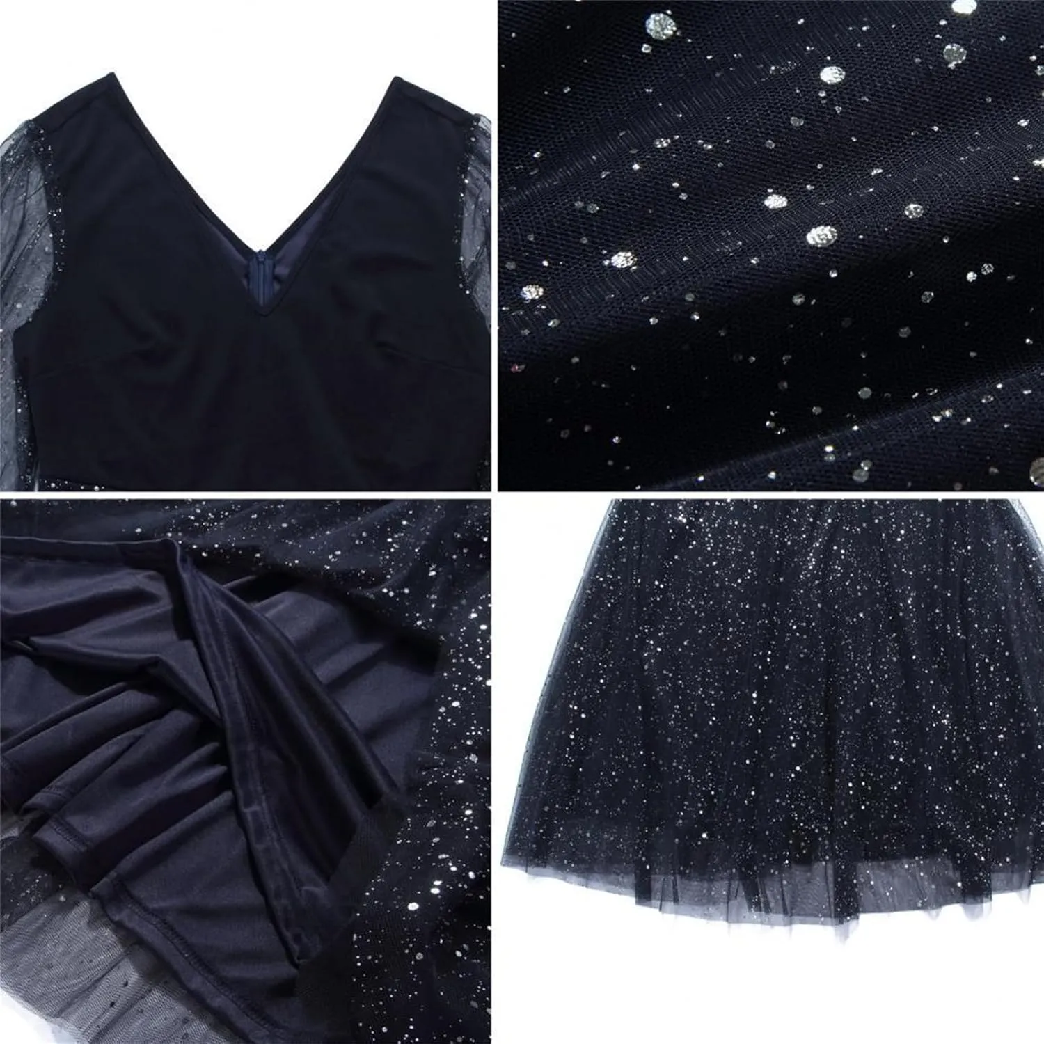 Women's Sparkly Midi Tulle Dress, Sexy Sheer Long Sleeve A-line High Waist Plus Size Flowy Dressy/Wedding Guest/Party Dresses