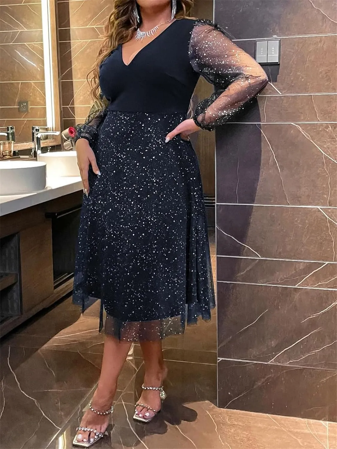 Women's Sparkly Midi Tulle Dress, Sexy Sheer Long Sleeve A-line High Waist Plus Size Flowy Dressy/Wedding Guest/Party Dresses
