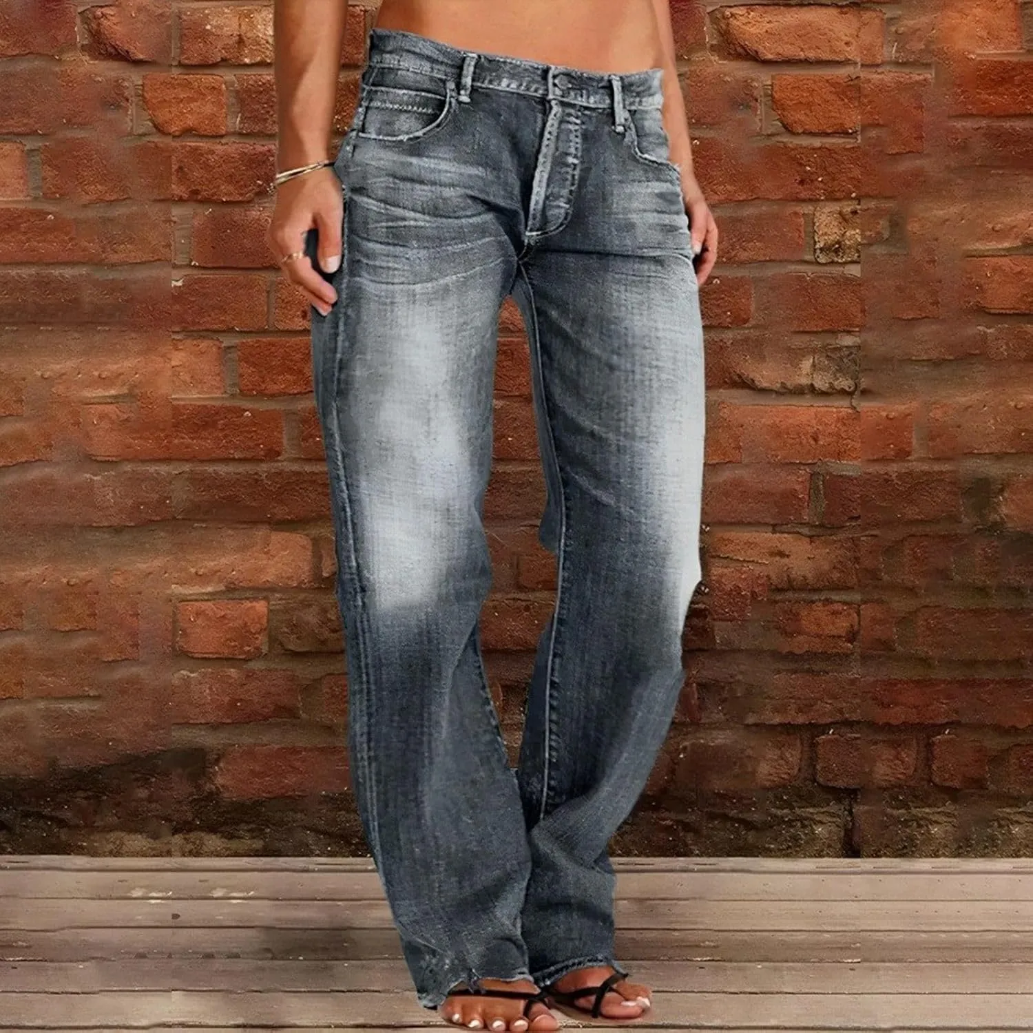 Womens Straight Leg Baggy Wide Leg Jeans Y2k Ripped Low Waisted Denim Trousers with Pockets Relaxed Boyfriend Jeans