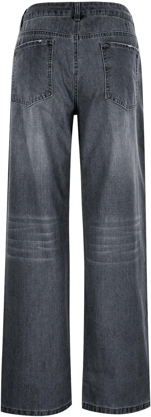 Womens Straight Leg Baggy Wide Leg Jeans Y2k Ripped Low Waisted Denim Trousers with Pockets Relaxed Boyfriend Jeans
