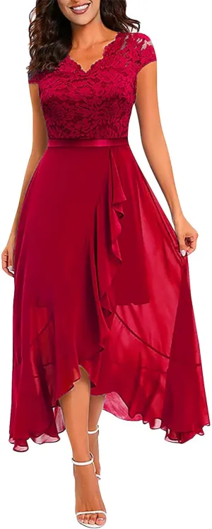 Women's Summer Bridesmaid Dresses Chiffon Wrap Sexy Summer Dresses V Neck Retro Lace Ruffle Midi Sundress