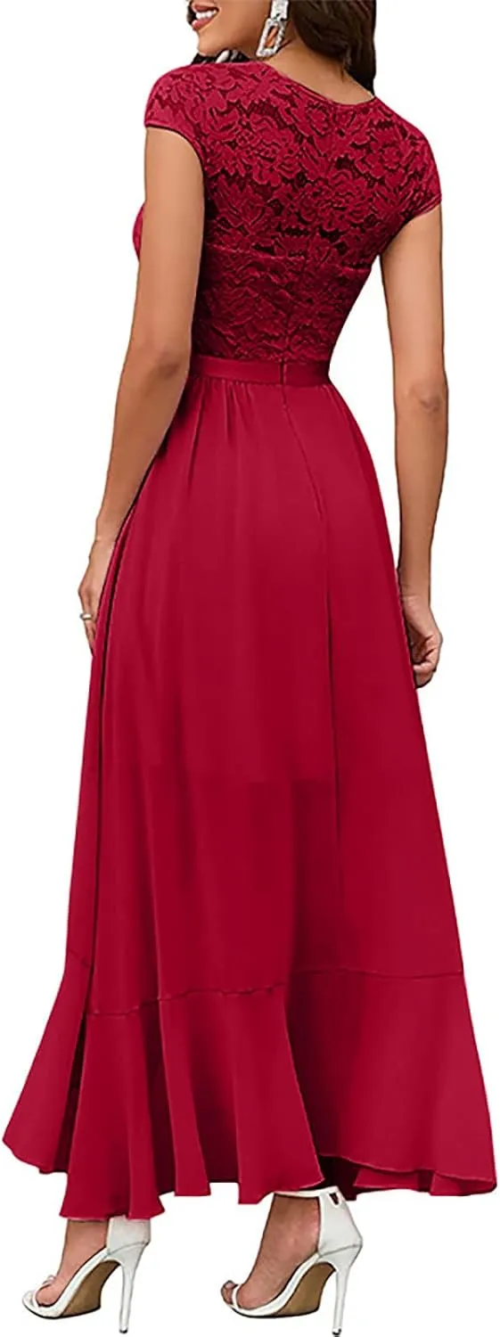 Women's Summer Bridesmaid Dresses Chiffon Wrap Sexy Summer Dresses V Neck Retro Lace Ruffle Midi Sundress