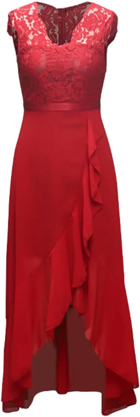 Women's Summer Bridesmaid Dresses Chiffon Wrap Sexy Summer Dresses V Neck Retro Lace Ruffle Midi Sundress