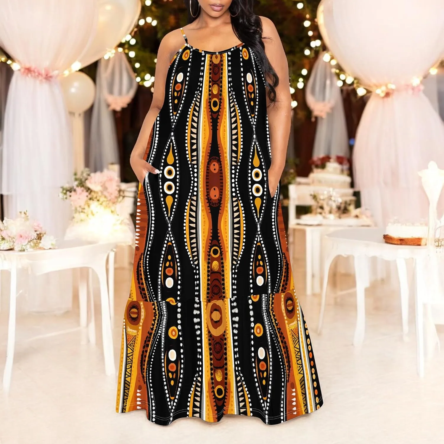 Women's Summer Casual Loose Sleeveless Sundress Spaghetti Straps Flowing African Art Style Beach Vacation Maxi Dress