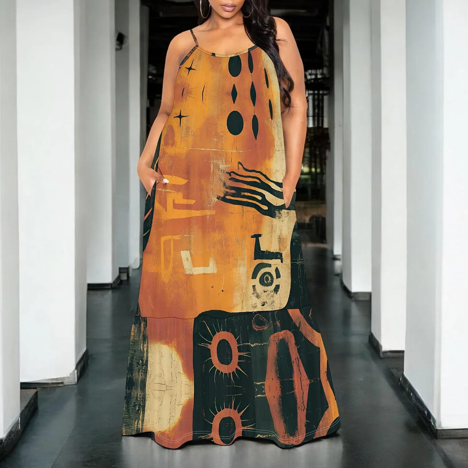 Women's Summer Casual Loose Sleeveless Sundress Spaghetti Straps Flowing African Art Style Beach Vacation Maxi Dress