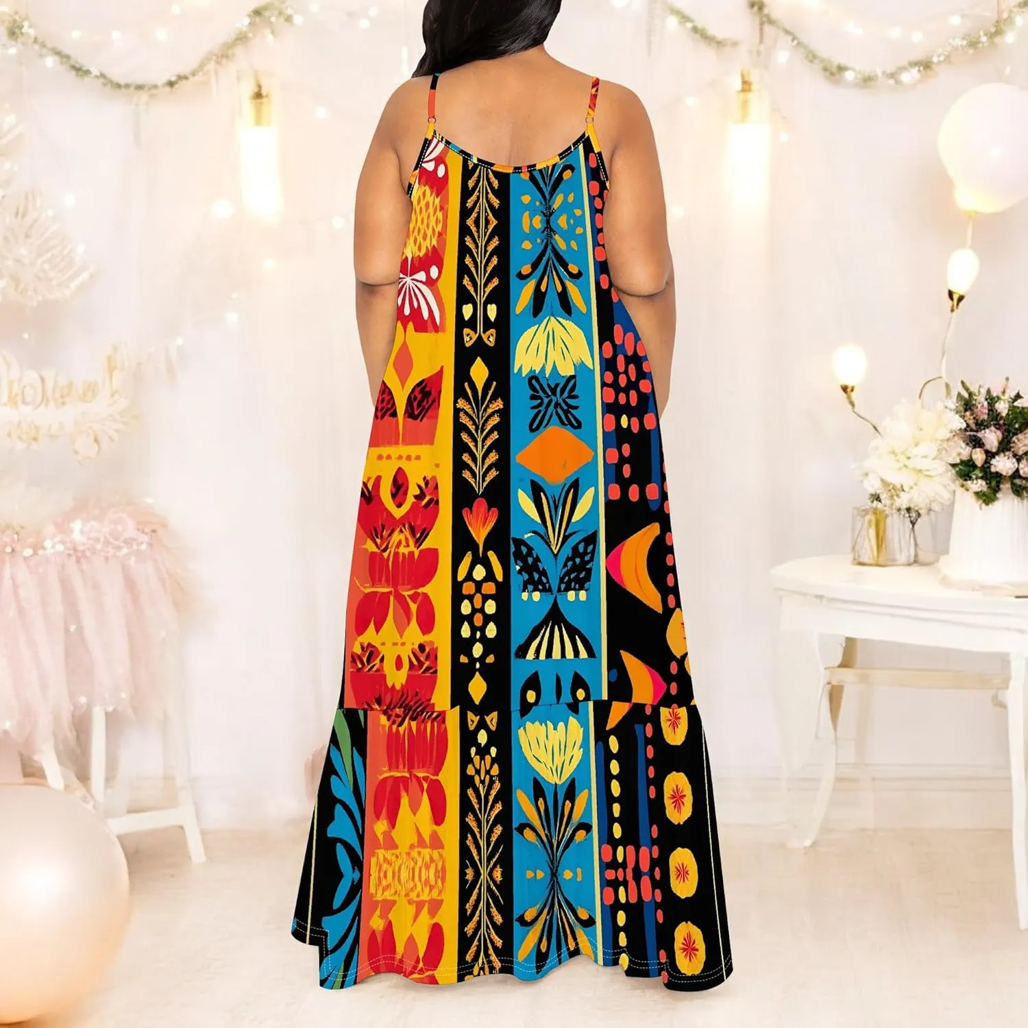 Women's Summer Casual Loose Sleeveless Sundress Spaghetti Straps Flowing African Art Style Beach Vacation Maxi Dress