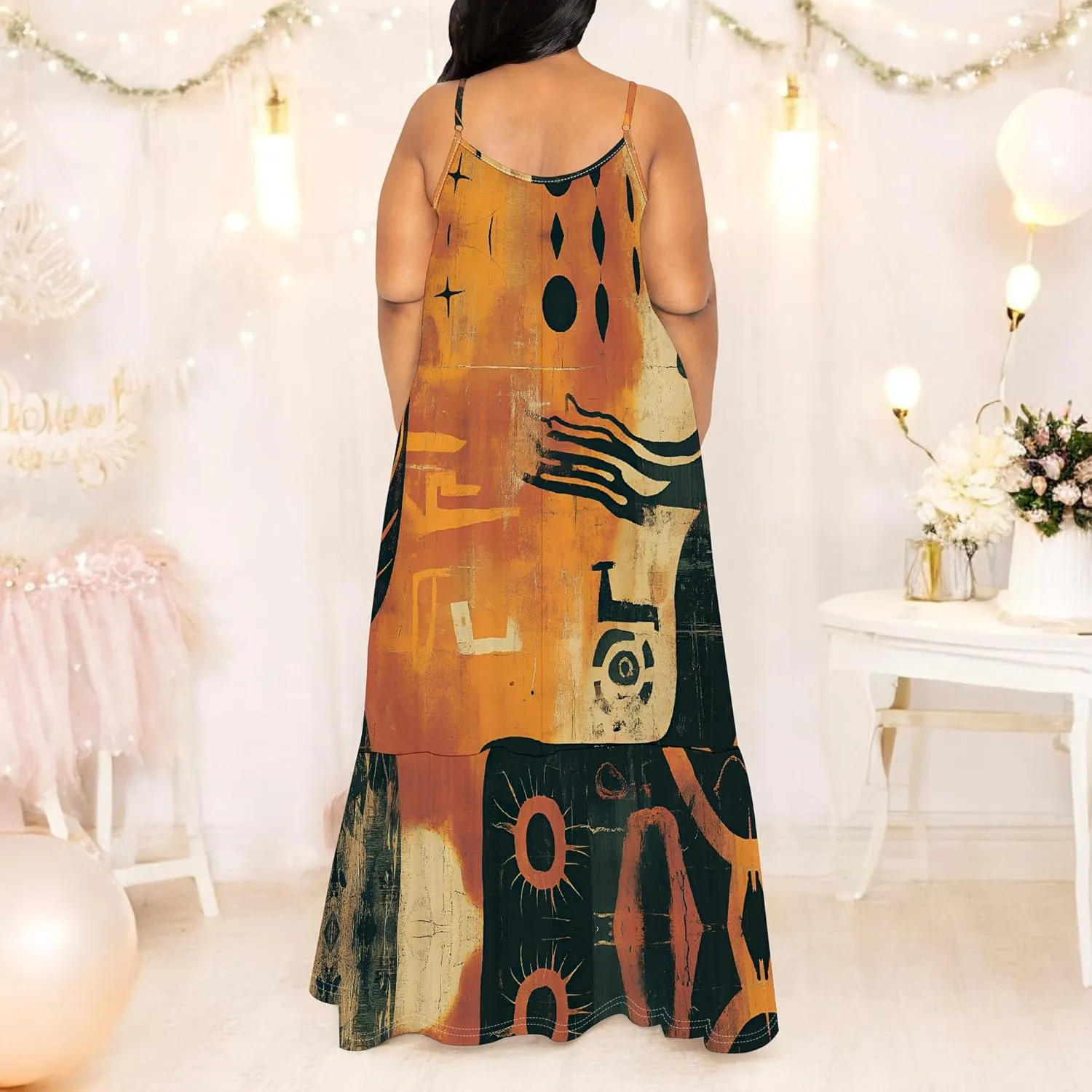 Women's Summer Casual Loose Sleeveless Sundress Spaghetti Straps Flowing African Art Style Beach Vacation Maxi Dress