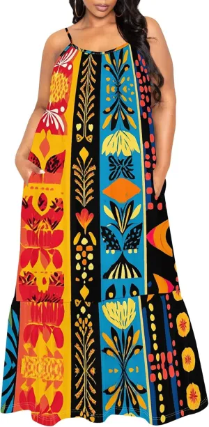 Women's Summer Casual Loose Sleeveless Sundress Spaghetti Straps Flowing African Art Style Beach Vacation Maxi Dress