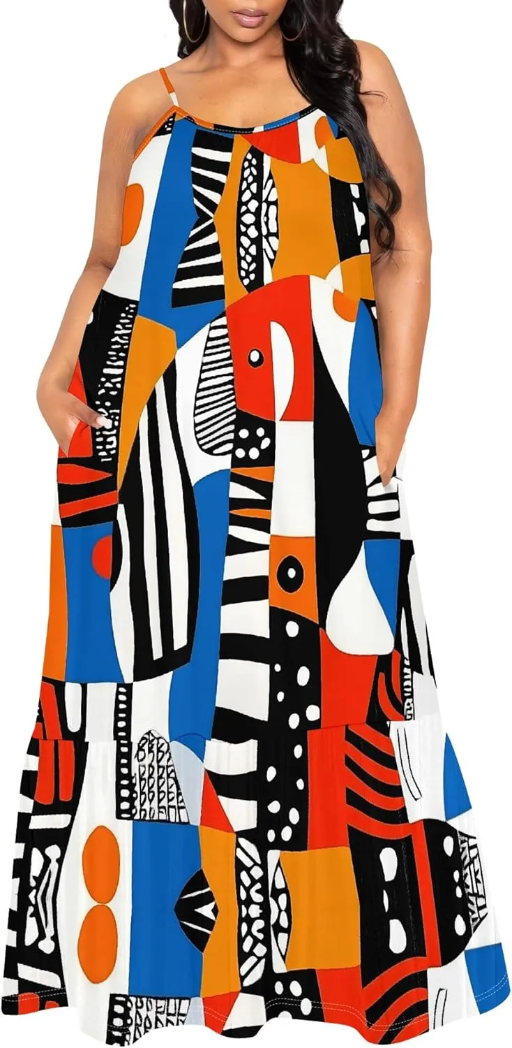 Women's Summer Casual Loose Sleeveless Sundress Spaghetti Straps Flowing African Art Style Beach Vacation Maxi Dress