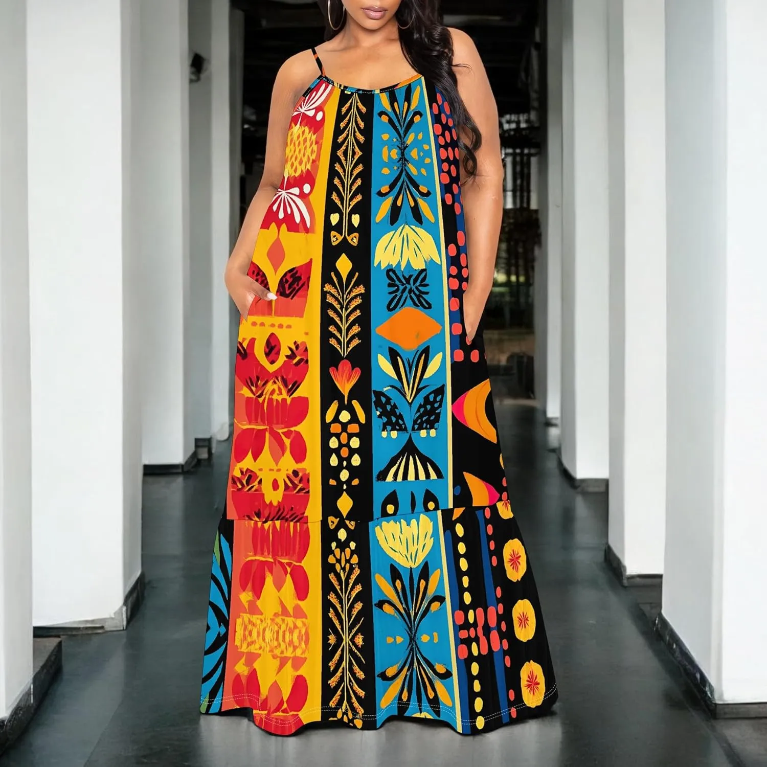 Women's Summer Casual Loose Sleeveless Sundress Spaghetti Straps Flowing African Art Style Beach Vacation Maxi Dress