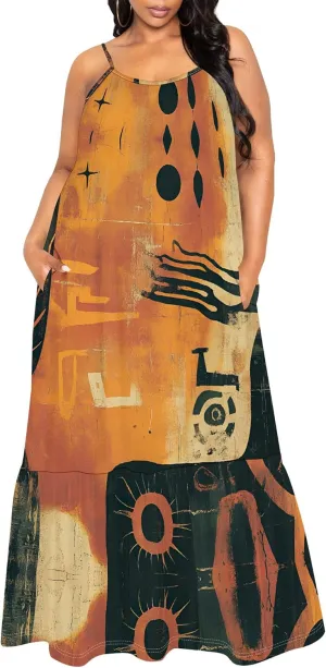 Women's Summer Casual Loose Sleeveless Sundress Spaghetti Straps Flowing African Art Style Beach Vacation Maxi Dress
