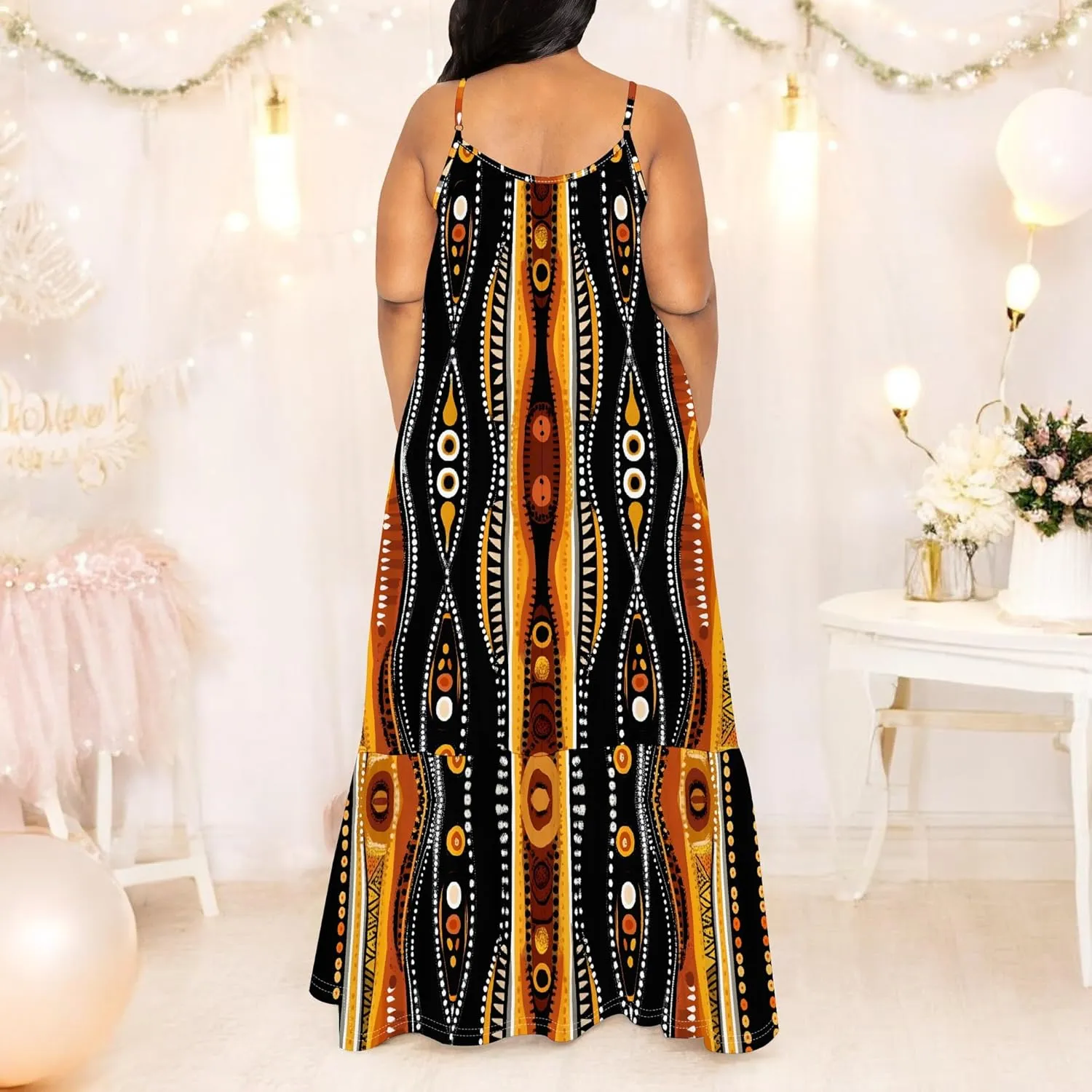 Women's Summer Casual Loose Sleeveless Sundress Spaghetti Straps Flowing African Art Style Beach Vacation Maxi Dress