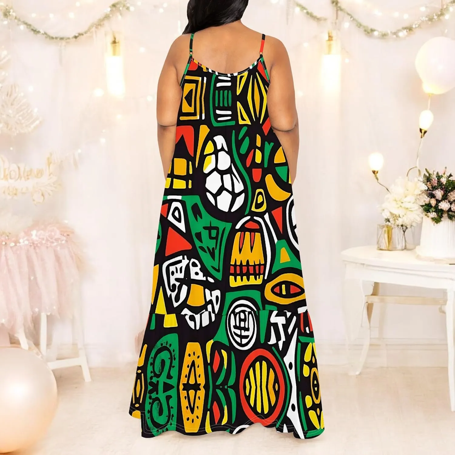 Women's Summer Casual Loose Sleeveless Sundress Spaghetti Straps Flowing African Art Style Beach Vacation Maxi Dress