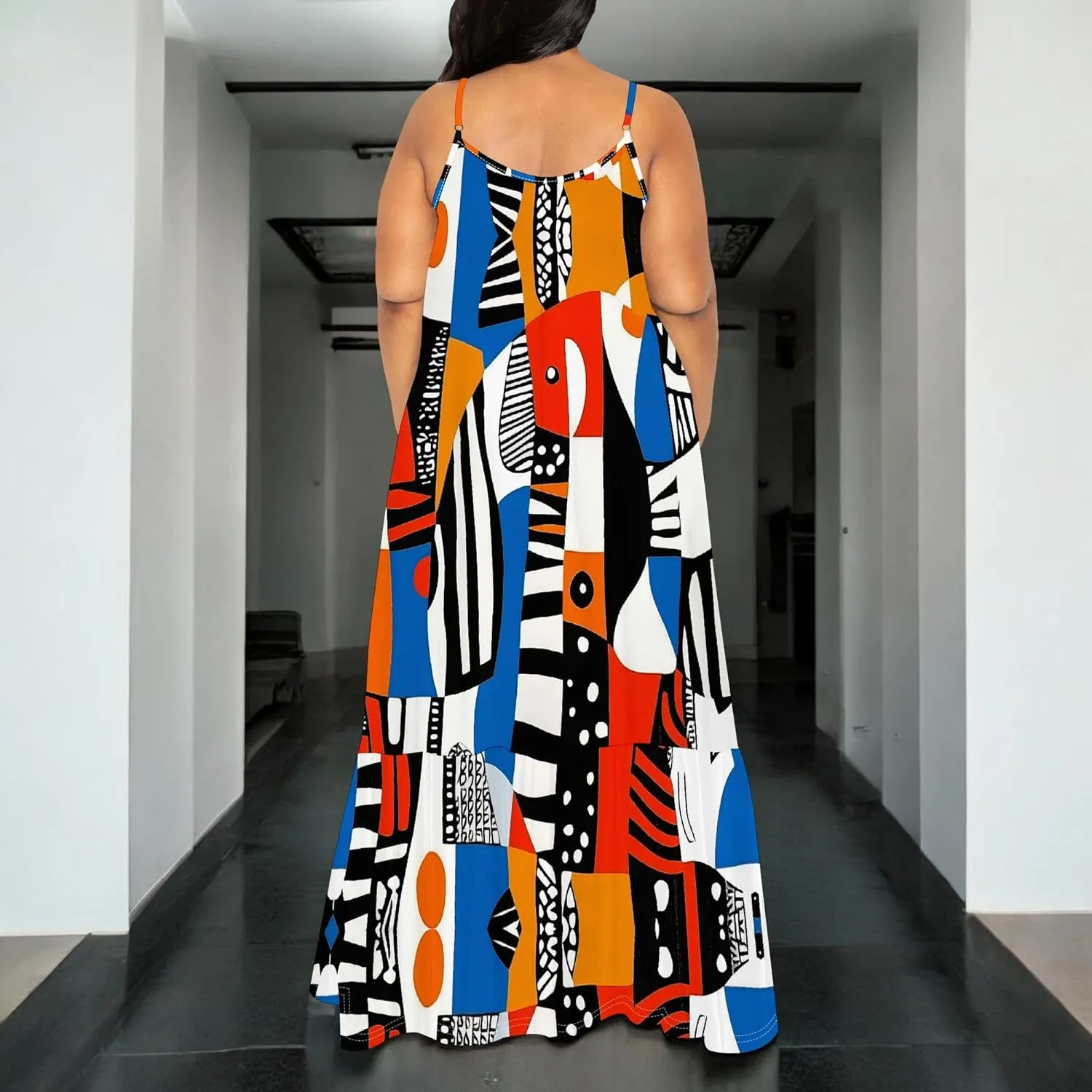 Women's Summer Casual Loose Sleeveless Sundress Spaghetti Straps Flowing African Art Style Beach Vacation Maxi Dress