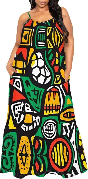 Women's Summer Casual Loose Sleeveless Sundress Spaghetti Straps Flowing African Art Style Beach Vacation Maxi Dress