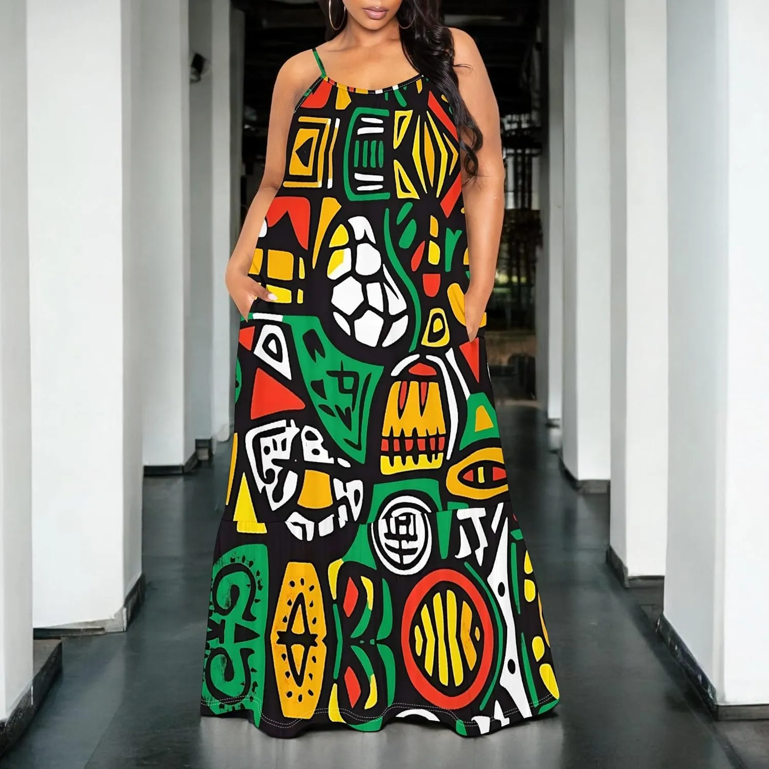 Women's Summer Casual Loose Sleeveless Sundress Spaghetti Straps Flowing African Art Style Beach Vacation Maxi Dress