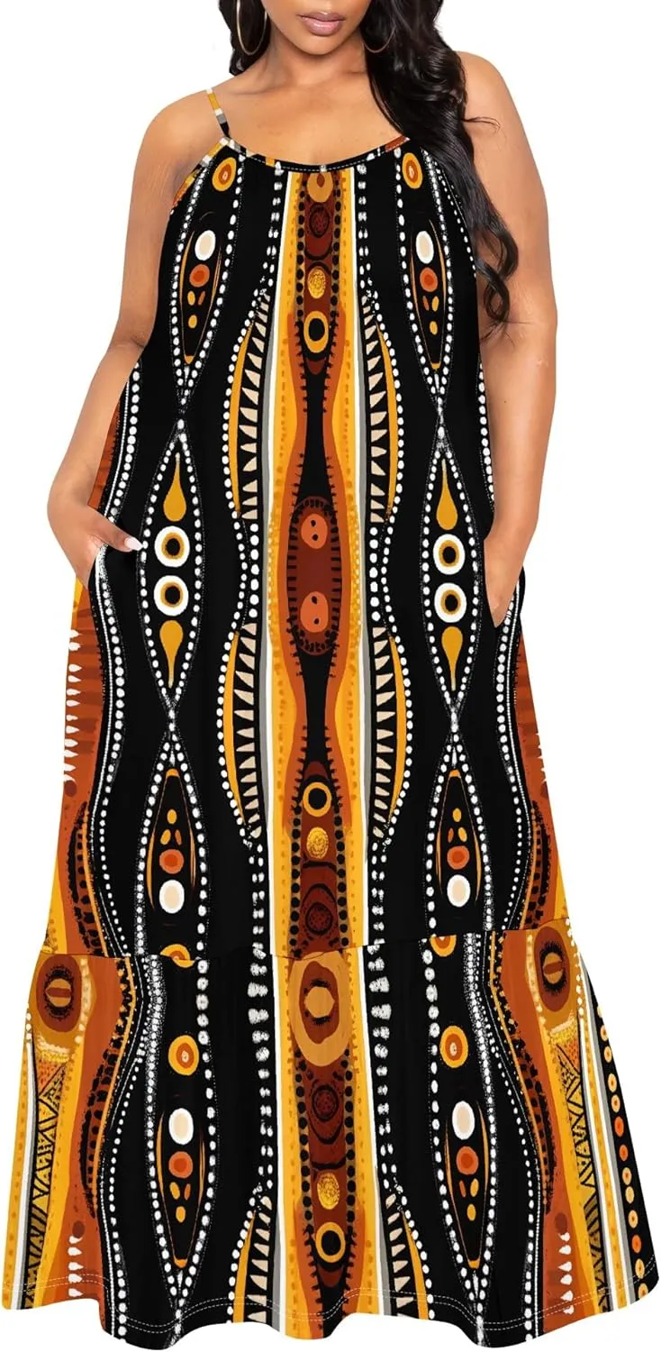 Women's Summer Casual Loose Sleeveless Sundress Spaghetti Straps Flowing African Art Style Beach Vacation Maxi Dress