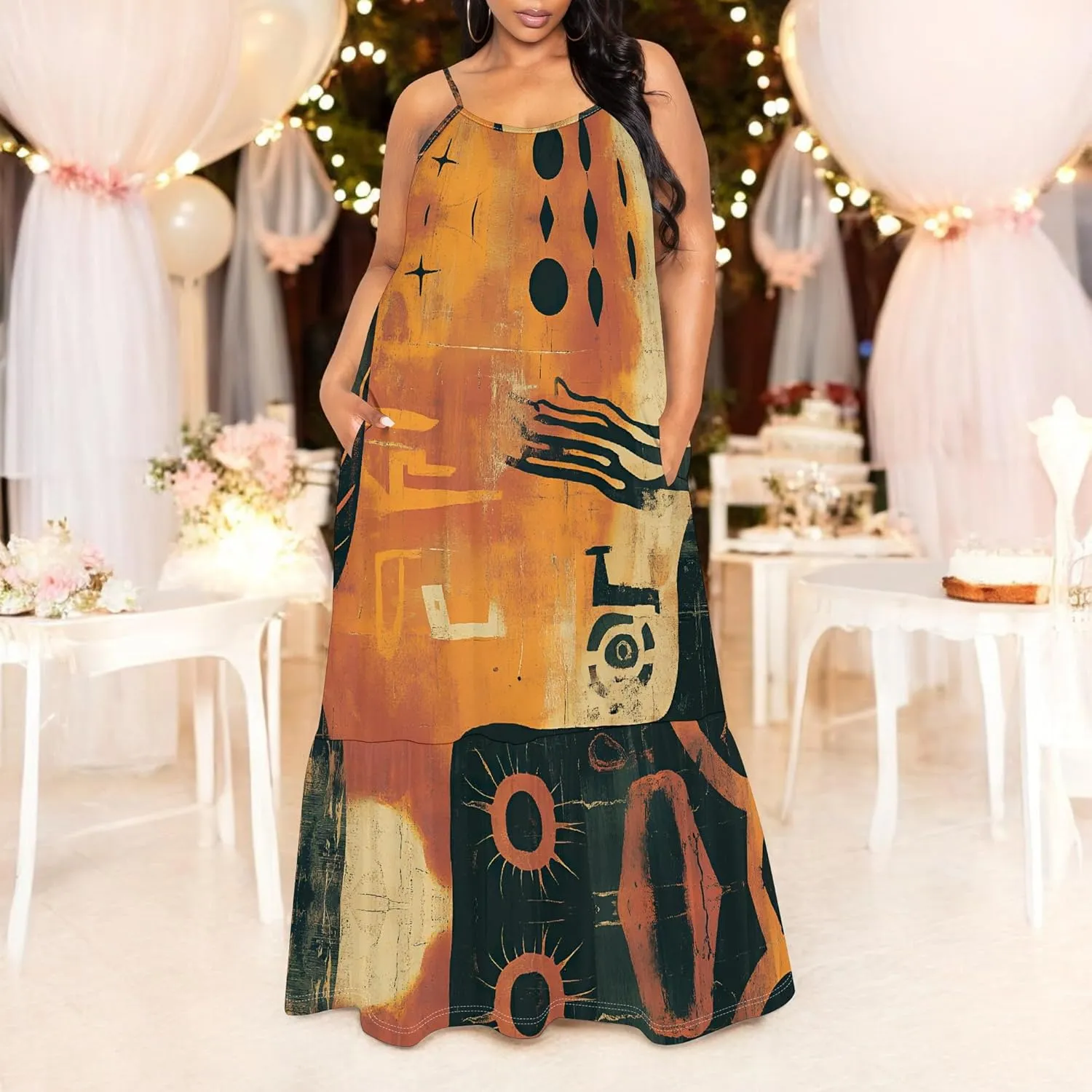 Women's Summer Casual Loose Sleeveless Sundress Spaghetti Straps Flowing African Art Style Beach Vacation Maxi Dress