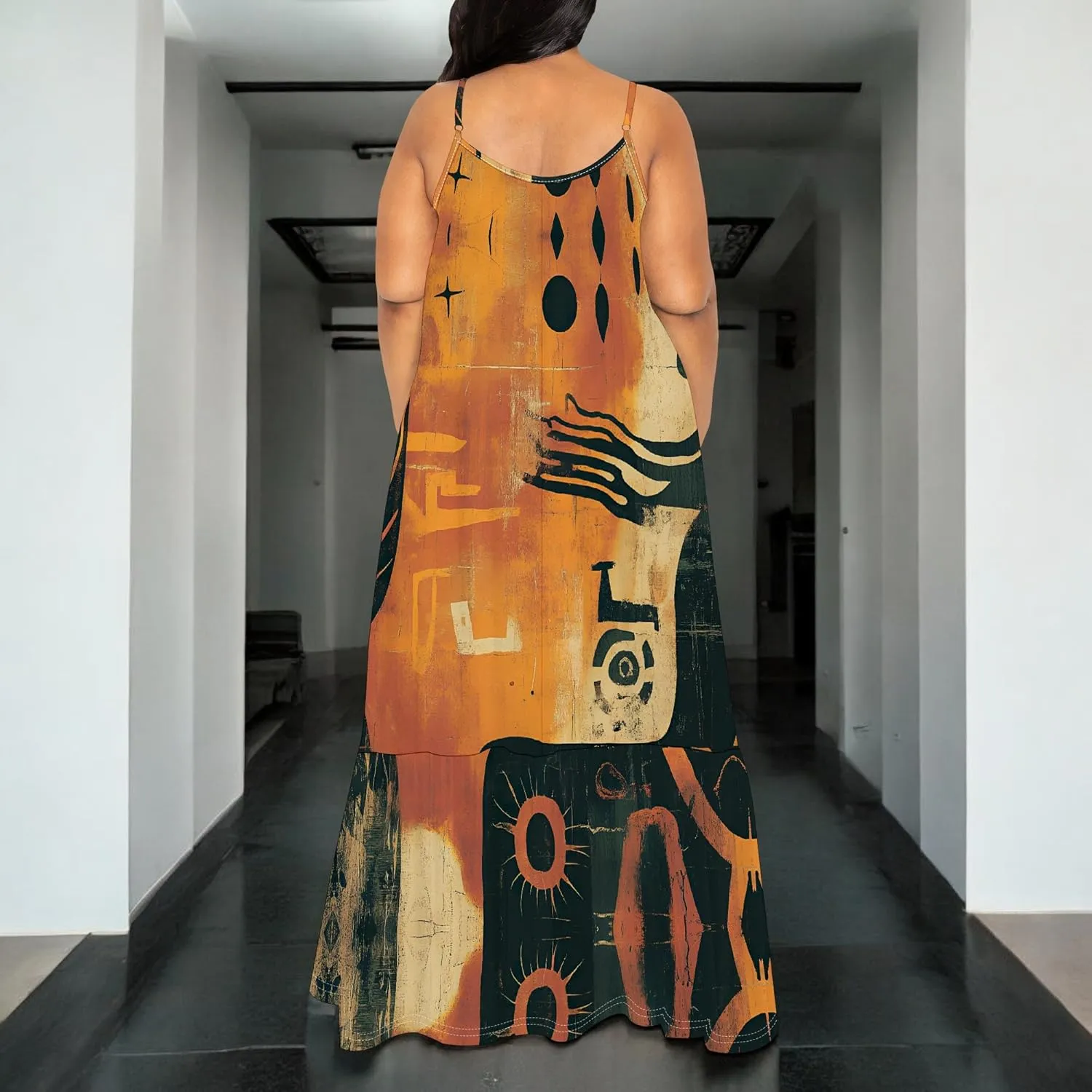 Women's Summer Casual Loose Sleeveless Sundress Spaghetti Straps Flowing African Art Style Beach Vacation Maxi Dress
