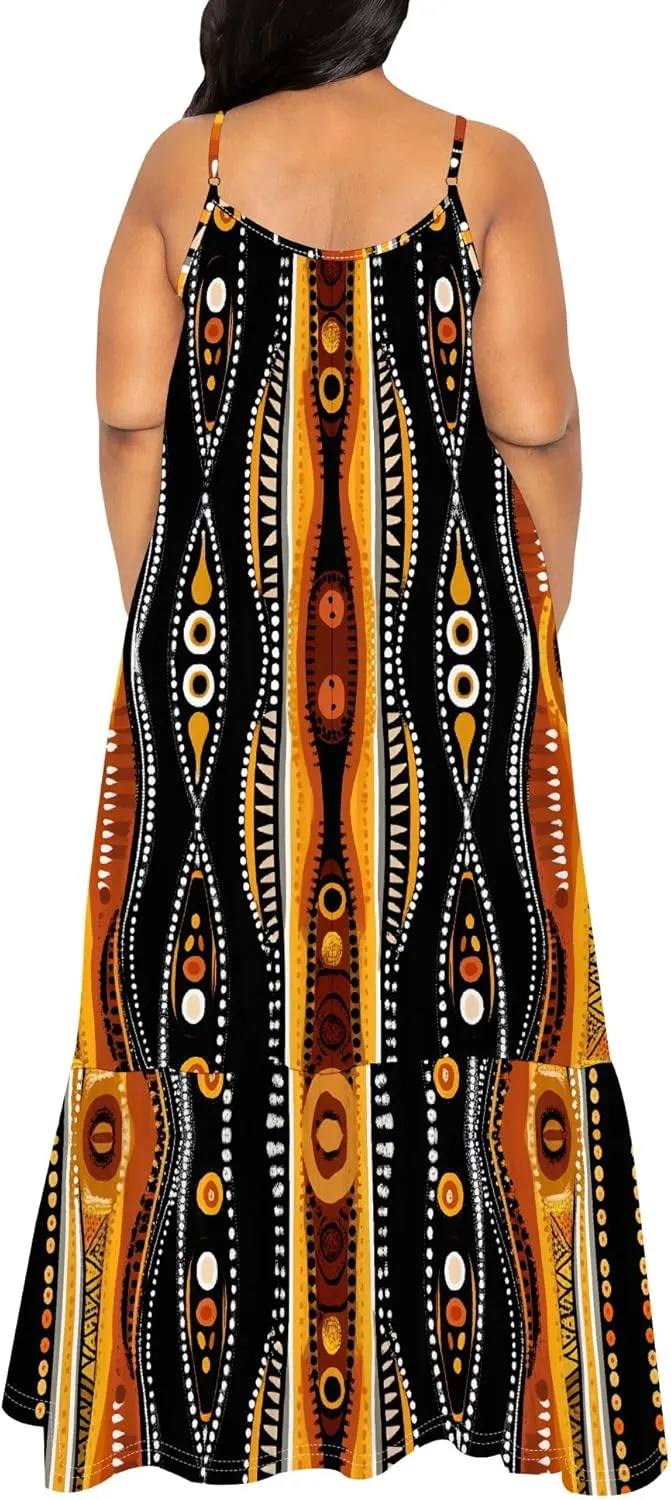Women's Summer Casual Loose Sleeveless Sundress Spaghetti Straps Flowing African Art Style Beach Vacation Maxi Dress