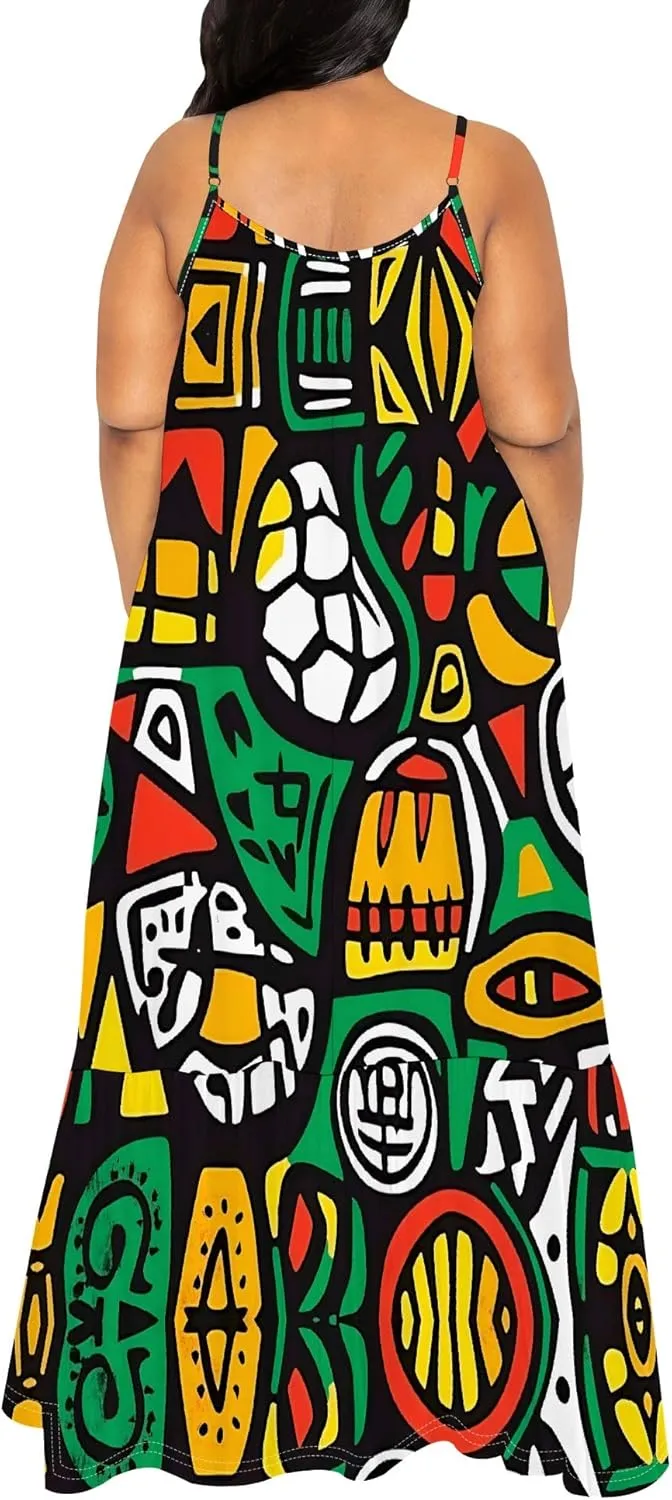 Women's Summer Casual Loose Sleeveless Sundress Spaghetti Straps Flowing African Art Style Beach Vacation Maxi Dress