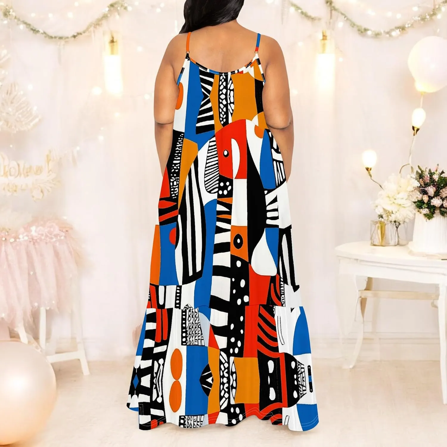 Women's Summer Casual Loose Sleeveless Sundress Spaghetti Straps Flowing African Art Style Beach Vacation Maxi Dress
