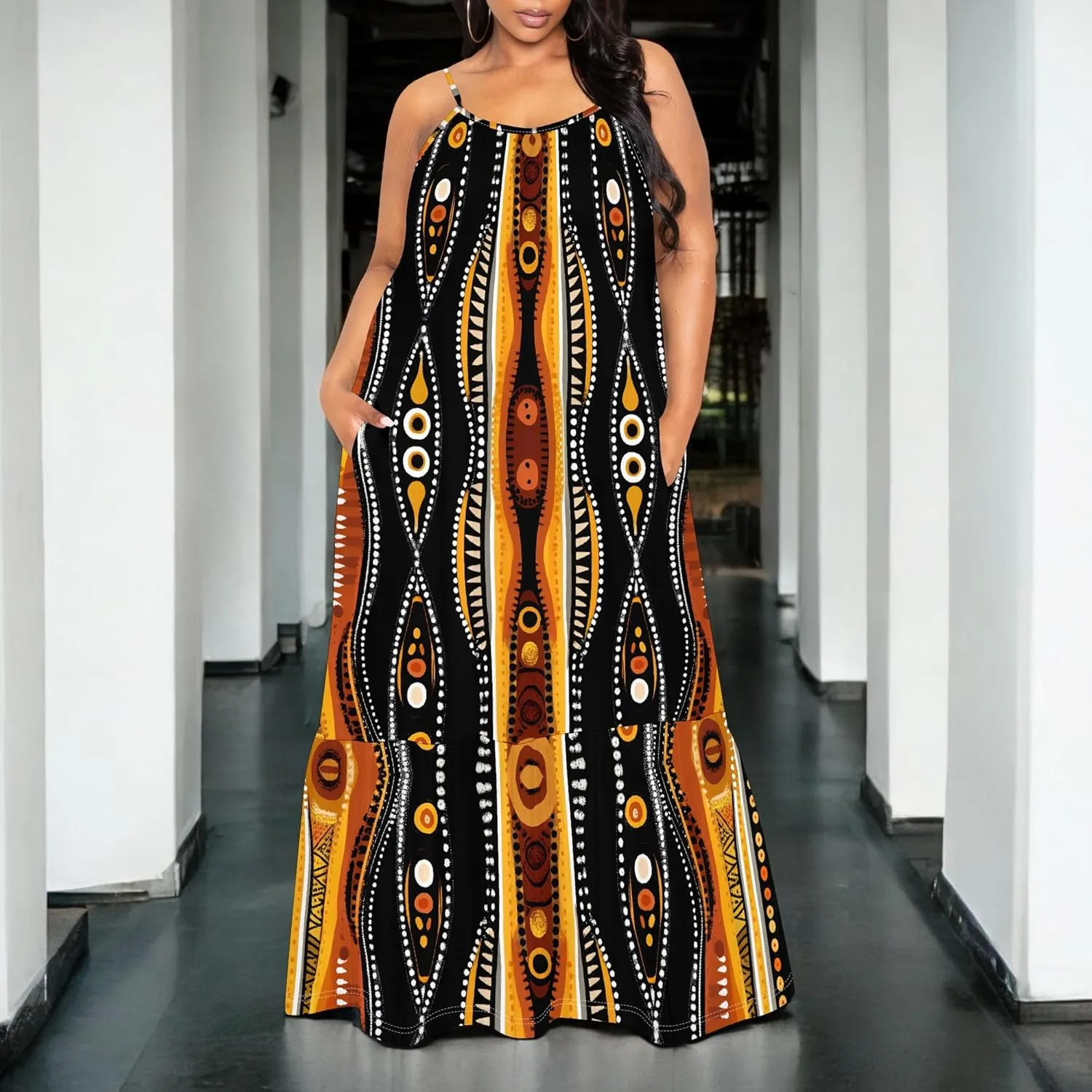 Women's Summer Casual Loose Sleeveless Sundress Spaghetti Straps Flowing African Art Style Beach Vacation Maxi Dress