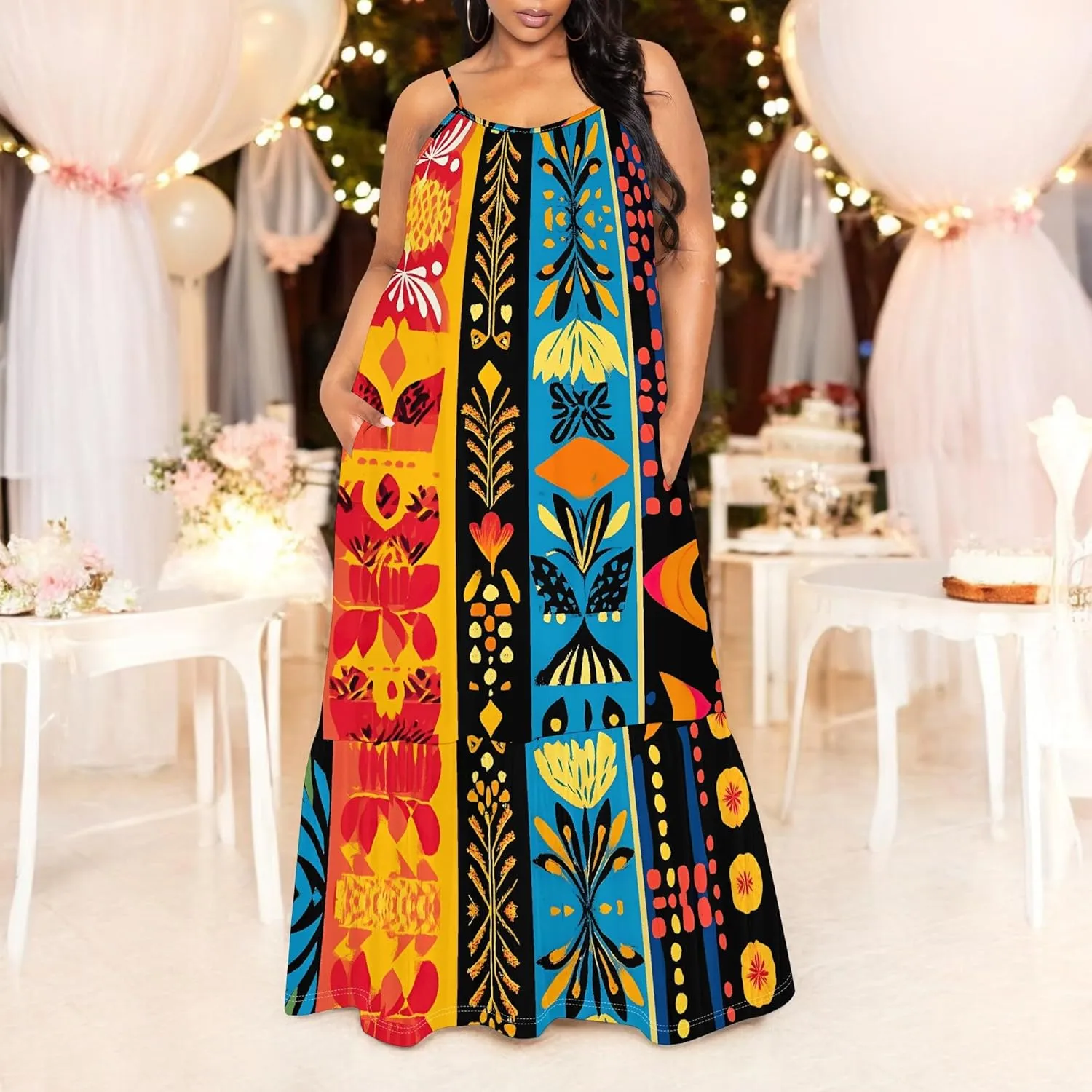 Women's Summer Casual Loose Sleeveless Sundress Spaghetti Straps Flowing African Art Style Beach Vacation Maxi Dress