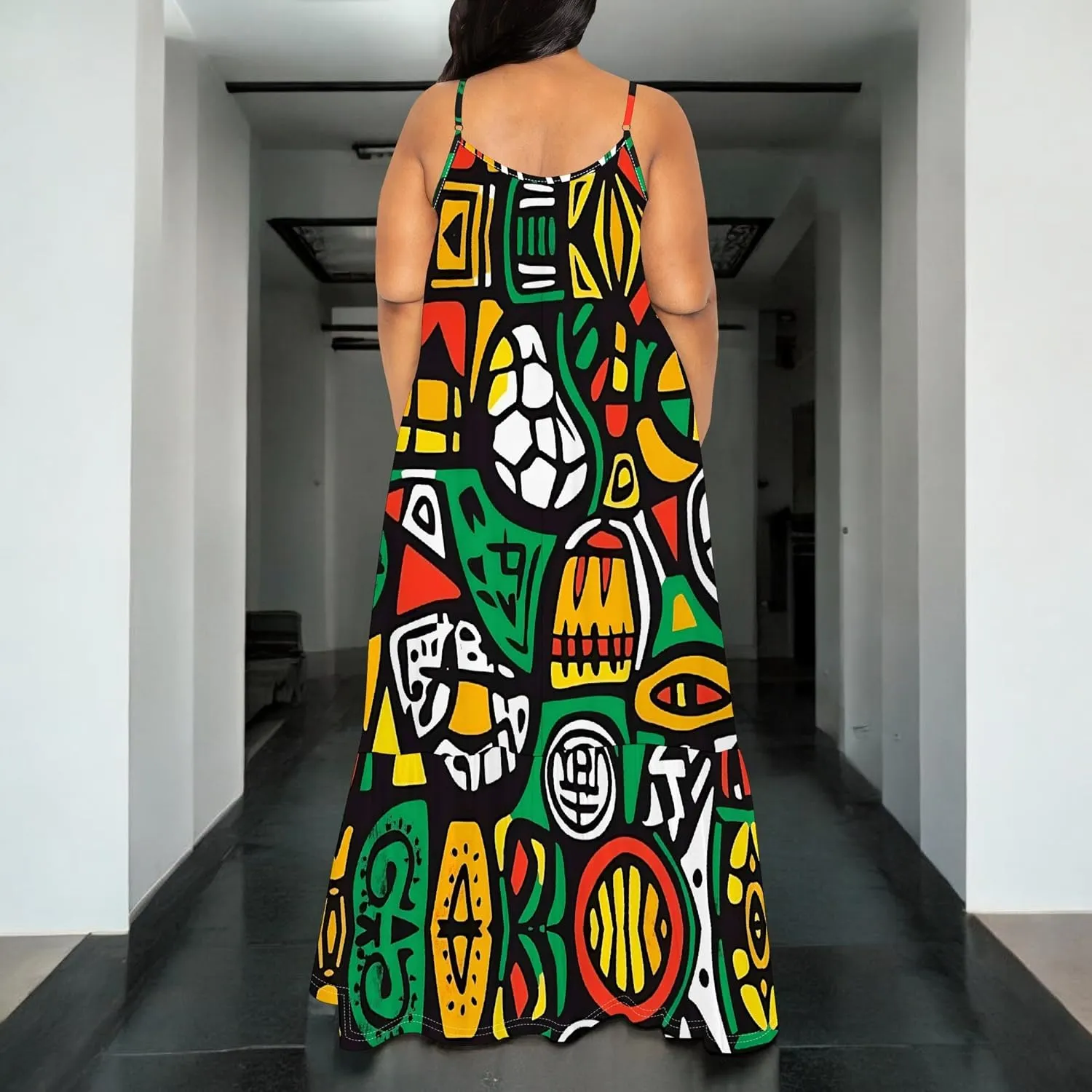 Women's Summer Casual Loose Sleeveless Sundress Spaghetti Straps Flowing African Art Style Beach Vacation Maxi Dress