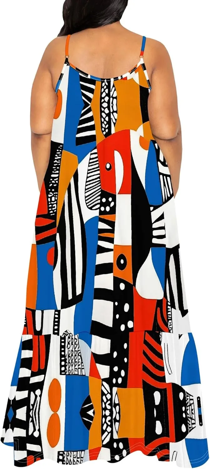 Women's Summer Casual Loose Sleeveless Sundress Spaghetti Straps Flowing African Art Style Beach Vacation Maxi Dress
