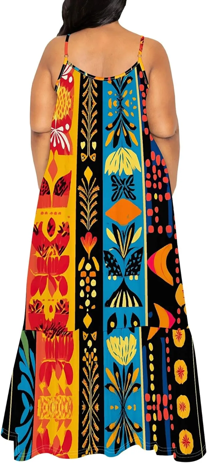 Women's Summer Casual Loose Sleeveless Sundress Spaghetti Straps Flowing African Art Style Beach Vacation Maxi Dress