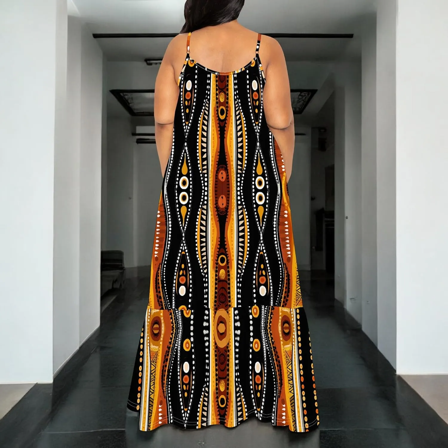 Women's Summer Casual Loose Sleeveless Sundress Spaghetti Straps Flowing African Art Style Beach Vacation Maxi Dress