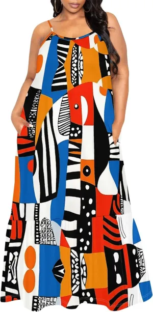 Women's Summer Casual Loose Sleeveless Sundress Spaghetti Straps Flowing African Art Style Beach Vacation Maxi Dress