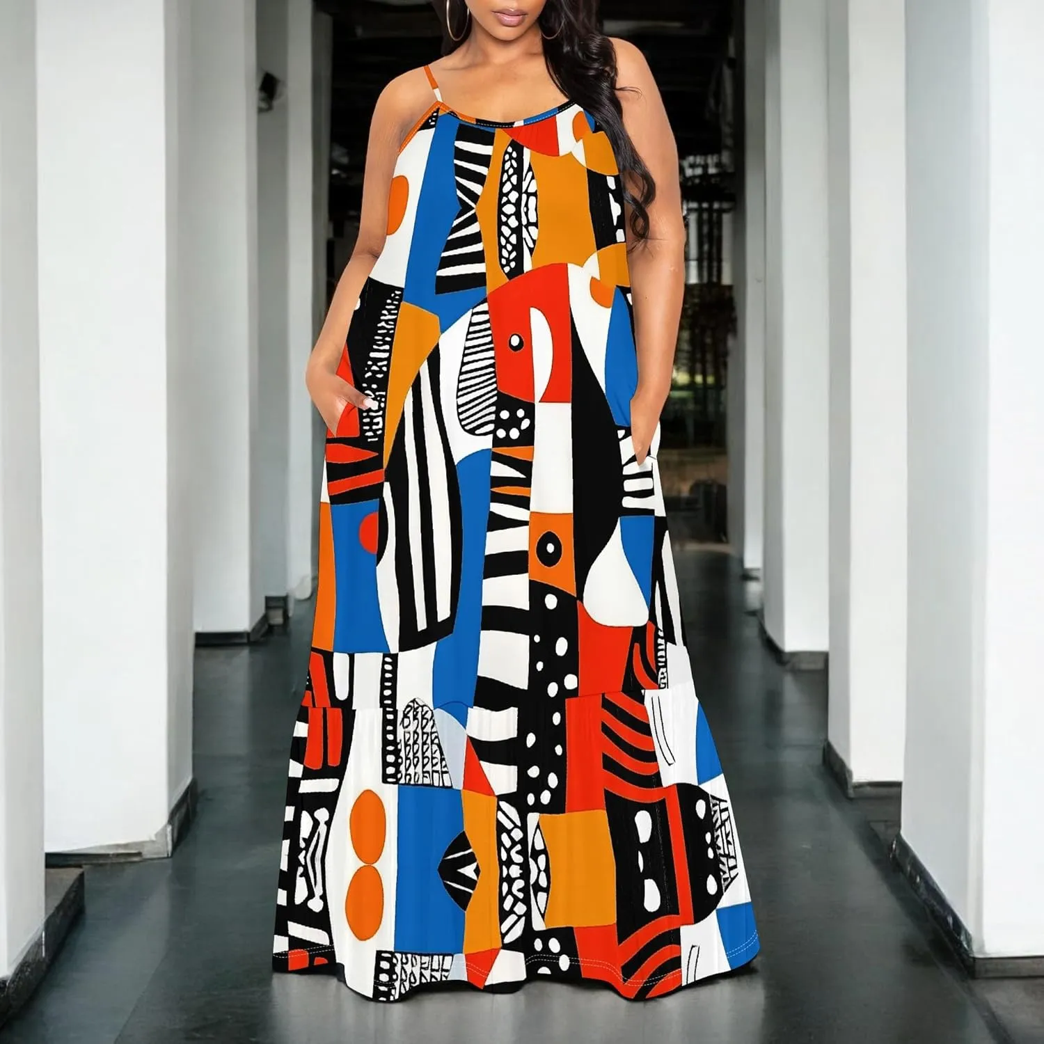Women's Summer Casual Loose Sleeveless Sundress Spaghetti Straps Flowing African Art Style Beach Vacation Maxi Dress