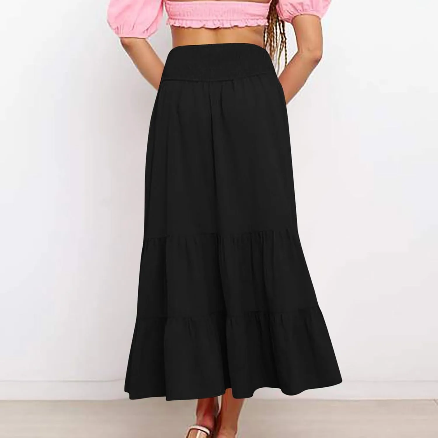 Women's Summer Comfy Tiered Skirts Elastic High Waisted A-Line Skirts Casual Beach Vacation Flowy Long Skirts