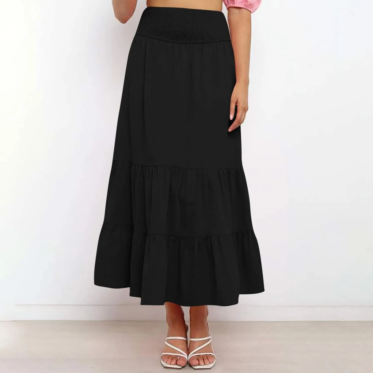 Women's Summer Comfy Tiered Skirts Elastic High Waisted A-Line Skirts Casual Beach Vacation Flowy Long Skirts