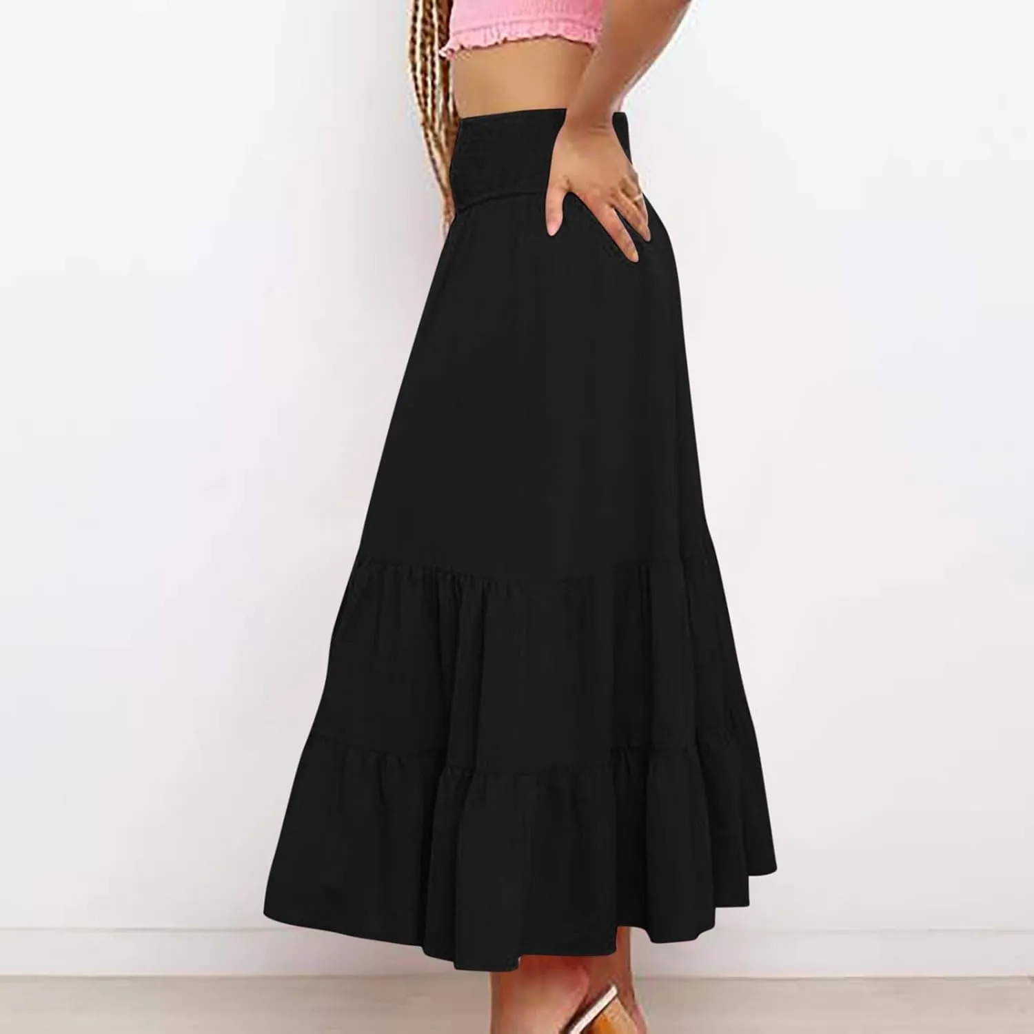 Women's Summer Comfy Tiered Skirts Elastic High Waisted A-Line Skirts Casual Beach Vacation Flowy Long Skirts