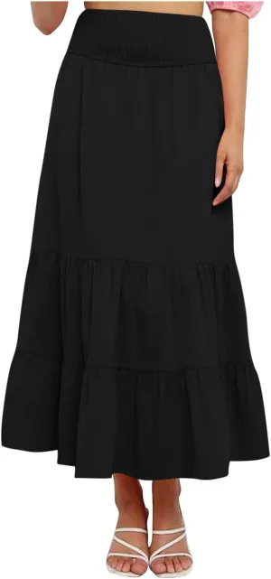 Women's Summer Comfy Tiered Skirts Elastic High Waisted A-Line Skirts Casual Beach Vacation Flowy Long Skirts